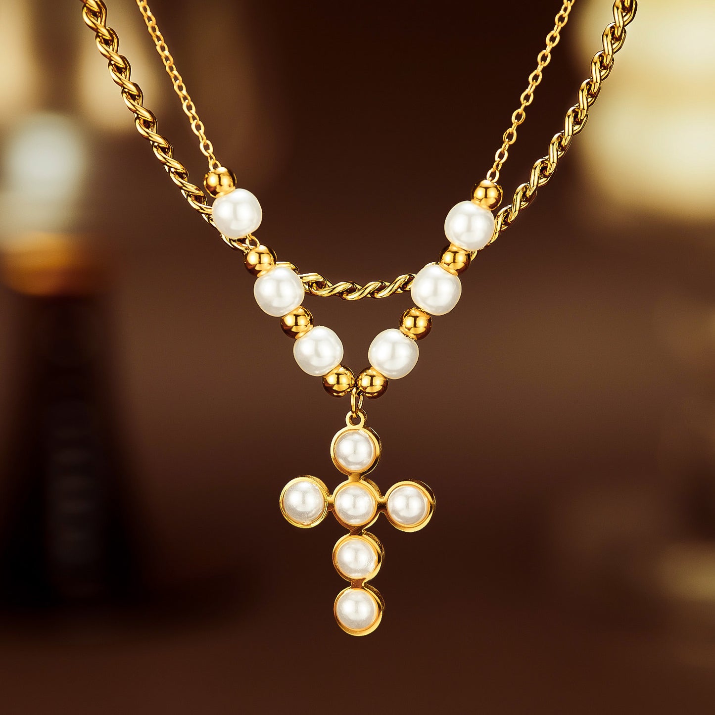 Cross Pearl double layer necklaces