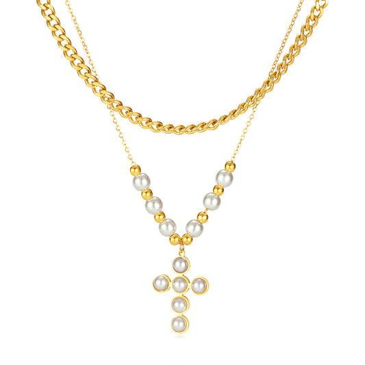 Cross Pearl double layer necklaces